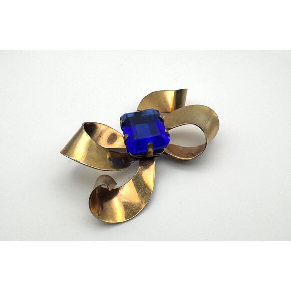 Vintage 1940s Retro Sterling Vermeil Bow Brooch with Blue Glass Stone - Picture 3 of 8
